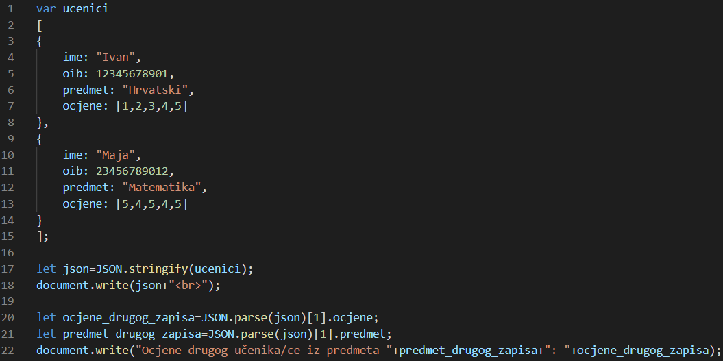 JSON unos učenika i ocjena